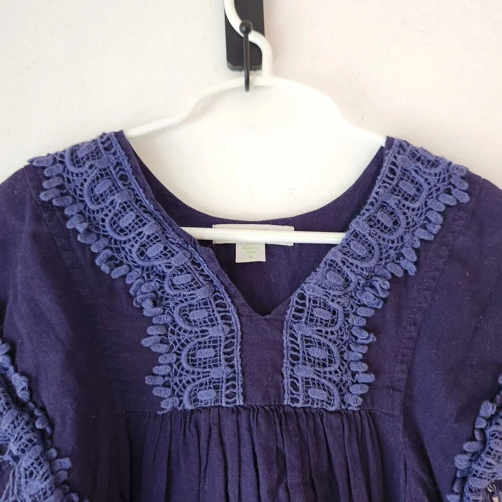 Garnet Hill Kids Blue Tunic Dress Lace Fringe Trim Summer 100% Cotton Girls M